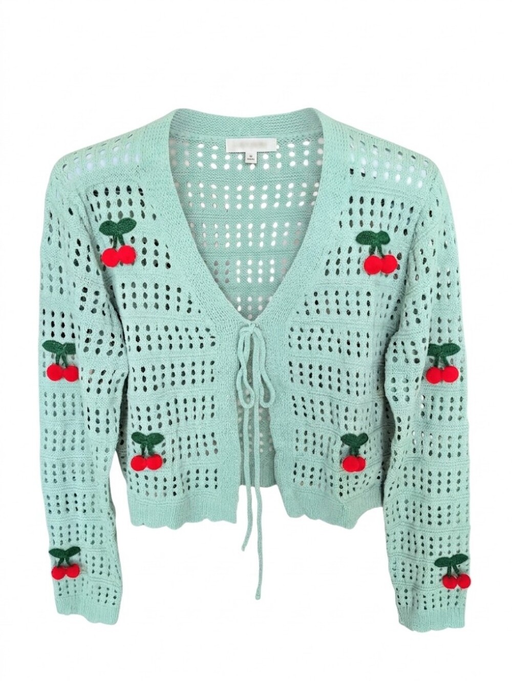Coquette Cherry Knit Cardigan Mint Green Tie Front Cropped Pointelle Sweater - Picture 3 of 11